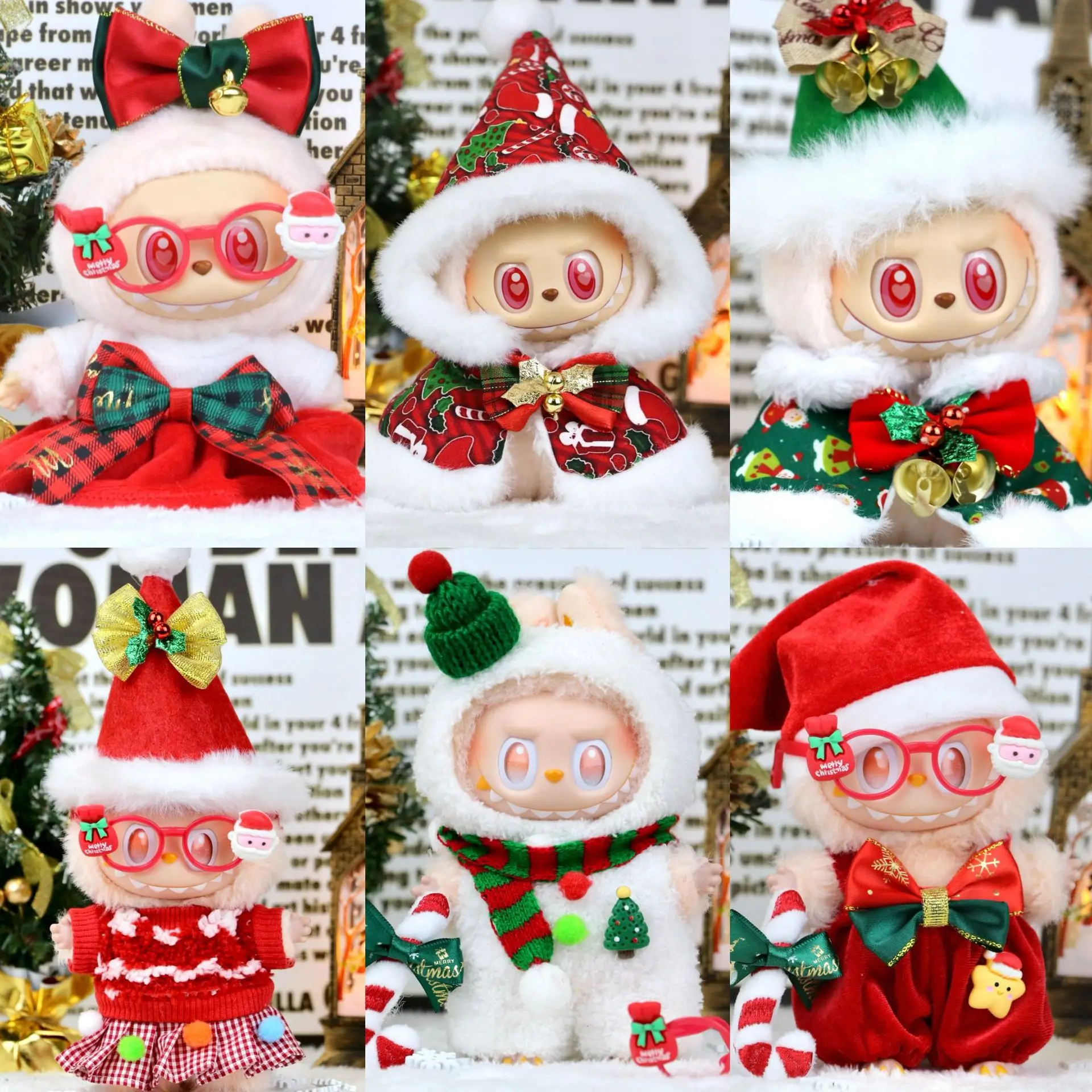 

17cm Labubu 1-3 Gen Doll Outfits Bell Christmas Hat Red Cape Santa Snowman New Year Clothes for Labubu Accessories