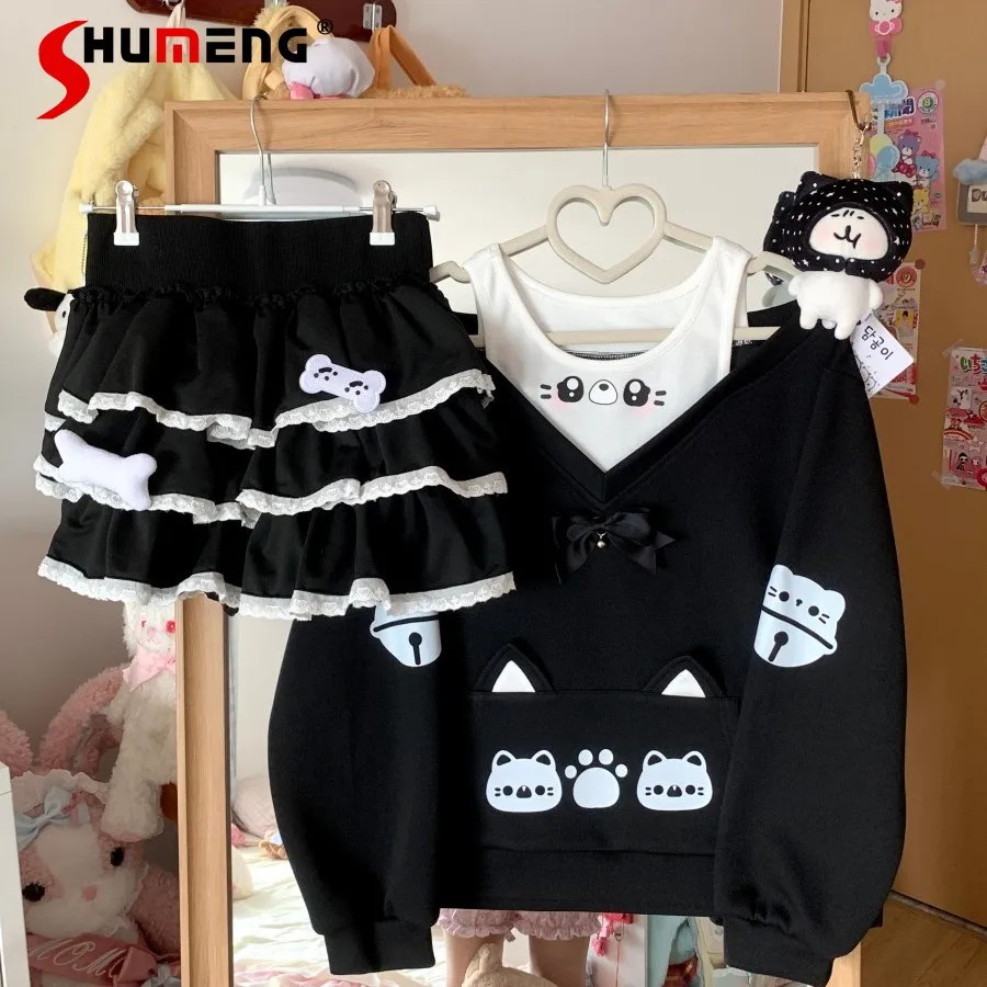 

Original Japanese Soft Girl Kawaii Cake Skirt Set Spring and Autumn New Student Cartoon Print Loose Halter Neck Sweatshirt Tops
