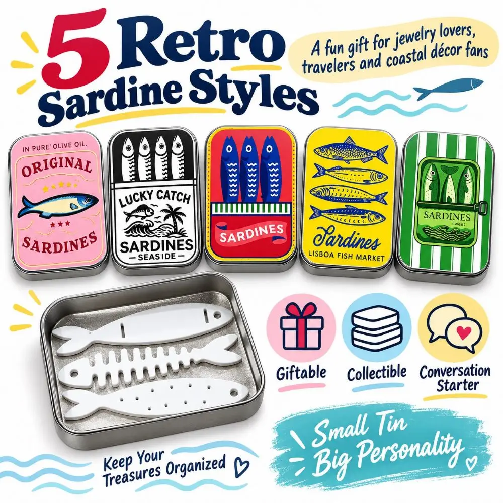 3D Printed Sardine Tin Jewelry Box Fishbone Insert Lightweight Jewelry Organizer Compact Portable Fish Bone Jewelry Box Women
