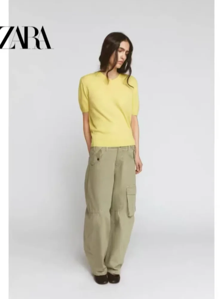 

Повседневный желтый вязаный топ с V-образным вырезом, женская шикарная свободная блузка с круглым вырезом и короткими рукавами, новинка 2026 года, летняя повседневная блузка для работы