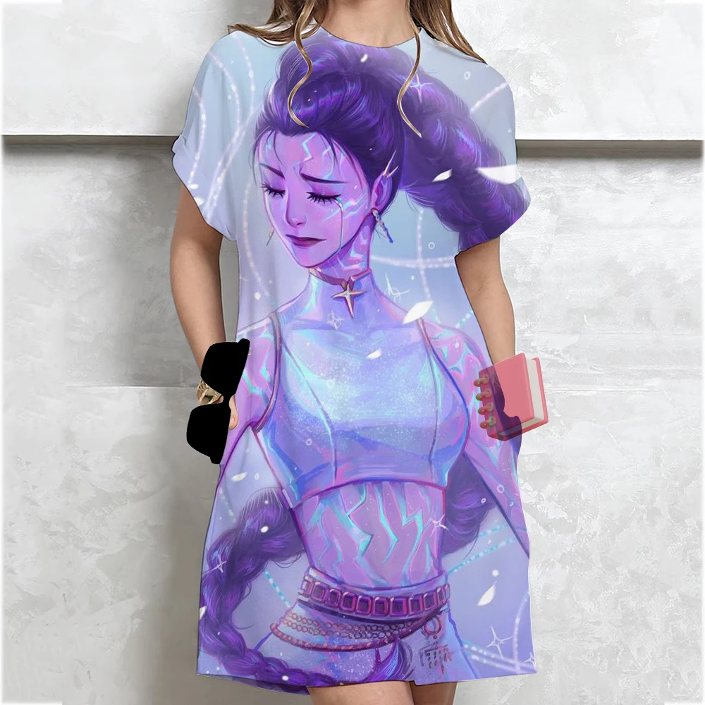 ﻿   Dames zomer nieuwe T-shirtjurk met korte mouwen Kpop Demon Hunters Huntrix losse halflange overknee-jurk