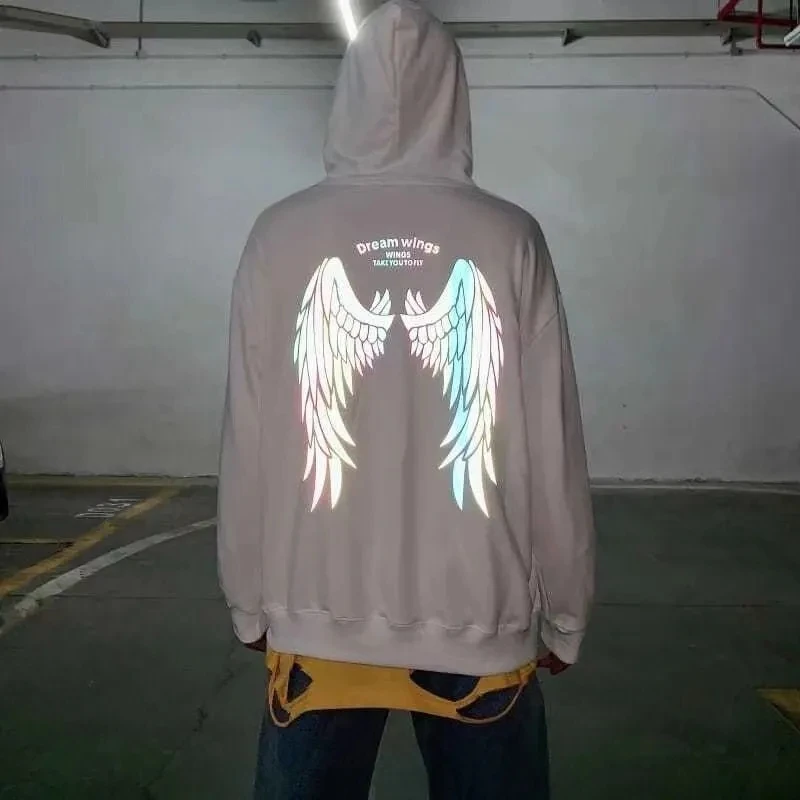 Mens Hoodies 2023 Spring Hip Hop Streetwear Harajuku Reflective Wing Printing Pullover Fashion Hooded Sweatshirt Male Clothing