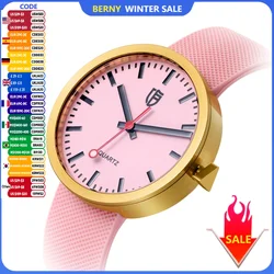 BERNY Relógio para Mulheres Simples Luminoso RailRoad Dial Safira Quartzo Relógio de Pulso Moda Casual Senhoras Relógios de Aço Inoxidável