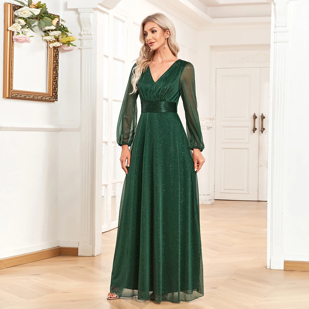 Neue Frauen elegante V-Ausschnitt glänzend hell Chiffon Abendkleid eine Linie durch langärmlige Hochzeits feier Kleid Brautjungfer sehen