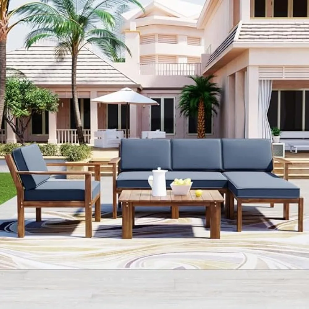 

4-Pieces Acacia Wood Patio Furniture Conversation Set, Outdoor L-Shaped Corner Sectional Sofa with Armchair and Coffee Table