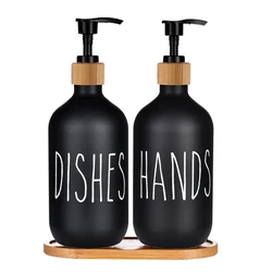 Dishes Hands Soap Pump Bottle Matte Black Soap Dispenser Bottle with Bamboo Pump Refillable Dishes Bottle in Kitchen Bathroom