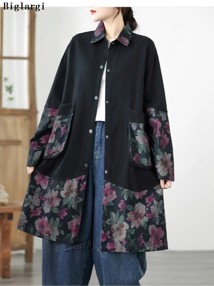 

Оверсайз джинсовый осенний длинный плащ женский цветочный принт модные ретро женские свободные повседневные женские пальто