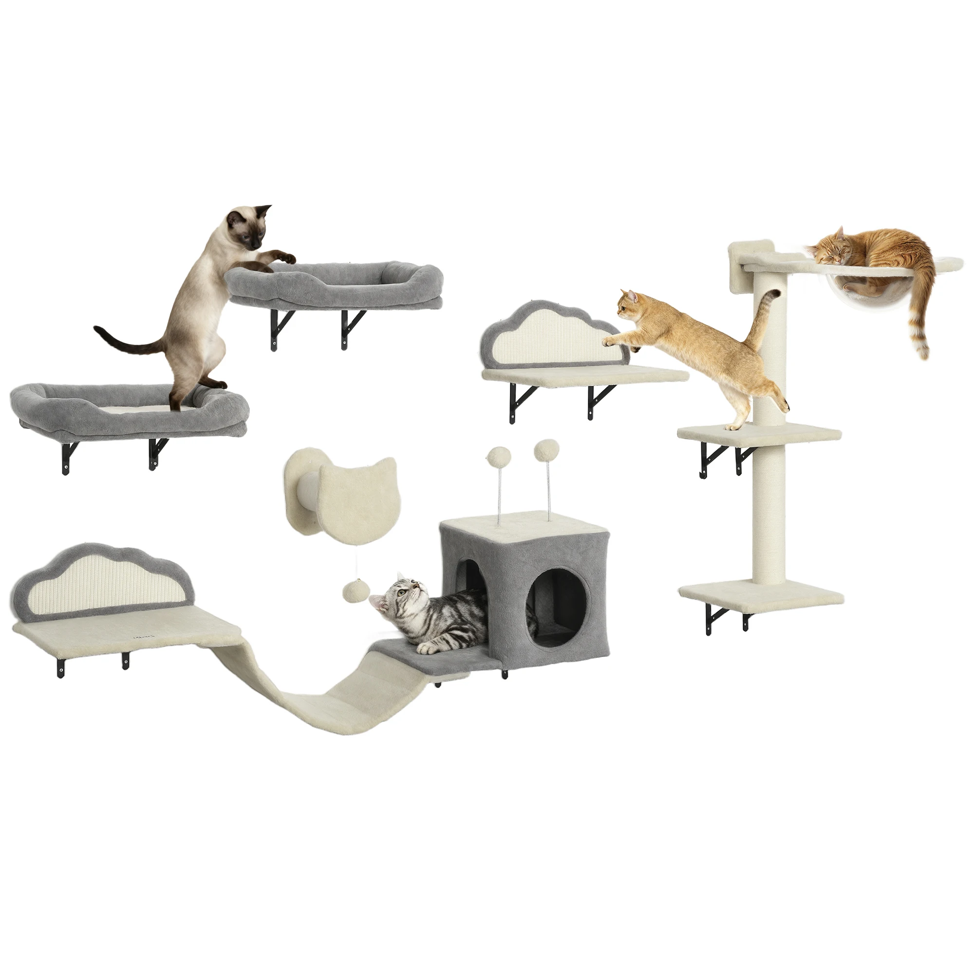 PawHut Wandkattenrekken, 6-delig, wandmeubelset, acryl bubbels hangmat, nis, hangmat, sisal krabpaal, in de stal te plaatsen Wandboom voor katten binnen beige