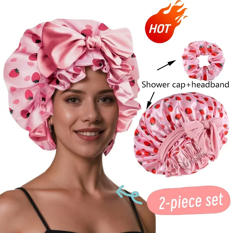 Lindo conjunto de 2 piezas sombrero diadema ajustable suave gorro de ducha para mujer gorro de dormir cómodo tela suave adecuado para trenzas de pelo rizado