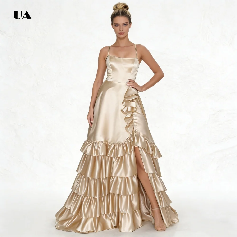 Vestido de baile de cetim com babados em camadas e alças finas, vestidos de noite com fenda sólida para mulheres, vestido de festa drapeado personalizado