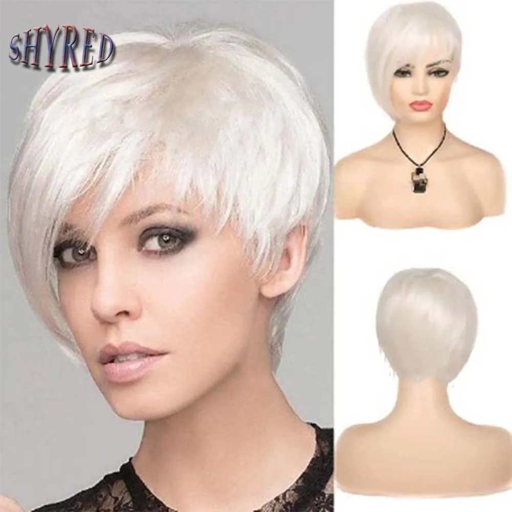 Short Silver Ombre White Synthetic Wig For Women Natural Straight Fluffy Hair With Bangs Heat Resistan Fiber Cosplay Wigs