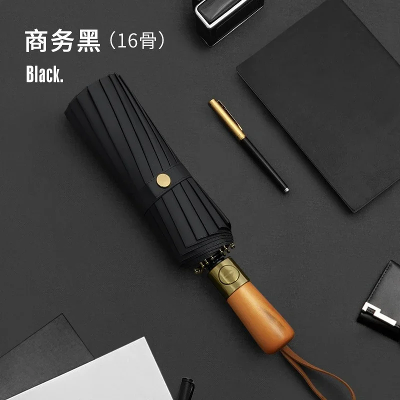 16-bone Three-fold Solid Wood Handle Automatic Umbrella, Large Sun-protective Black Rubber Sunshade Advertising Umbrella Gifts