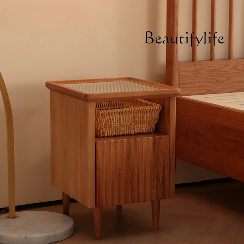 American-Style Mid-Ancient Ash Wave Bedside Table Solid Wood Nordic and Japanese Style Simple Locker