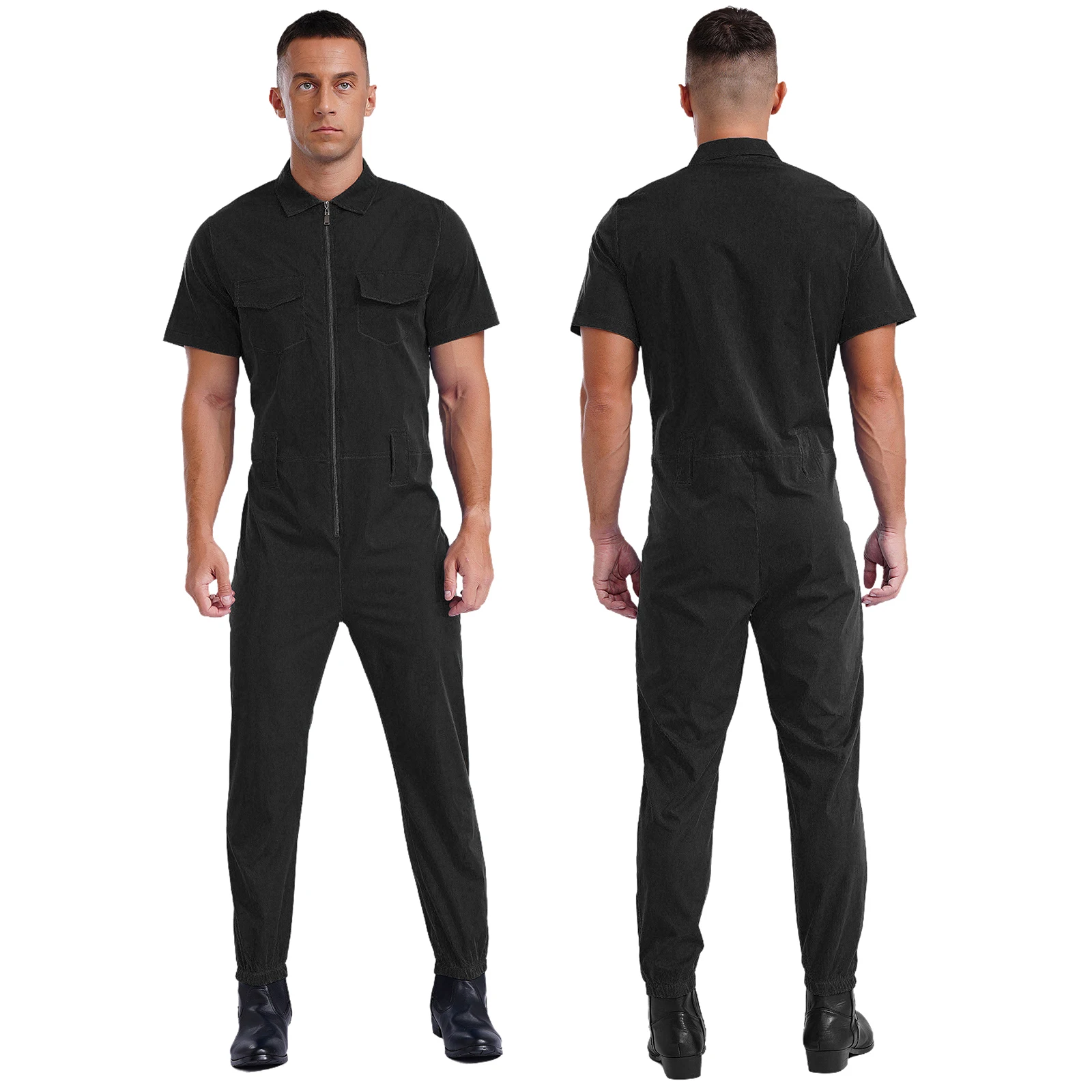 Mens Casual Coverall Working Clothes Short Sleeve Long Pants Jumpsuit Solid Color Overalls One-piece Rompers for Work Daily Wear