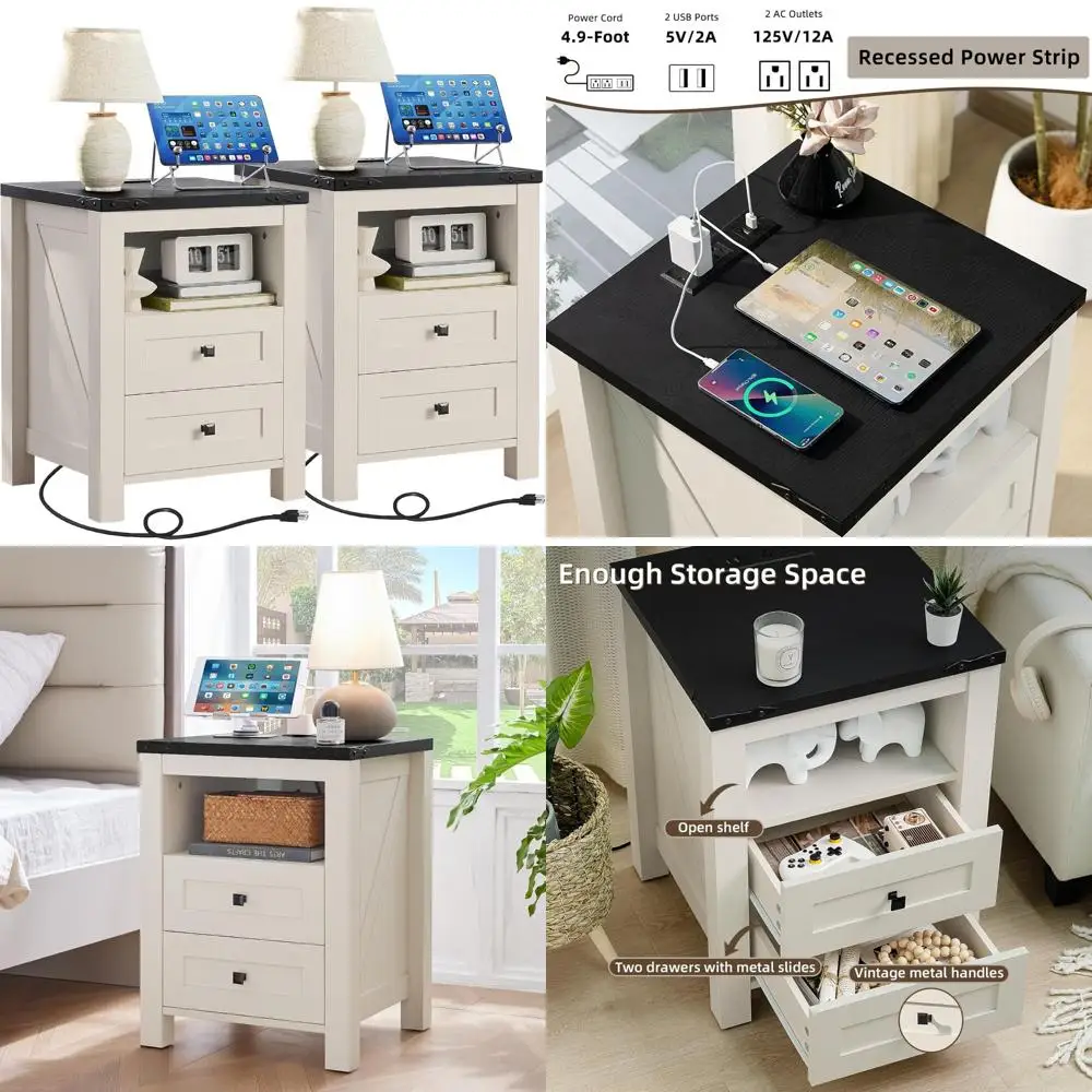 night stands with charging station set of 2, farmhouse nightstand, white wooden bedside end tables with 2 drawers and open shelf