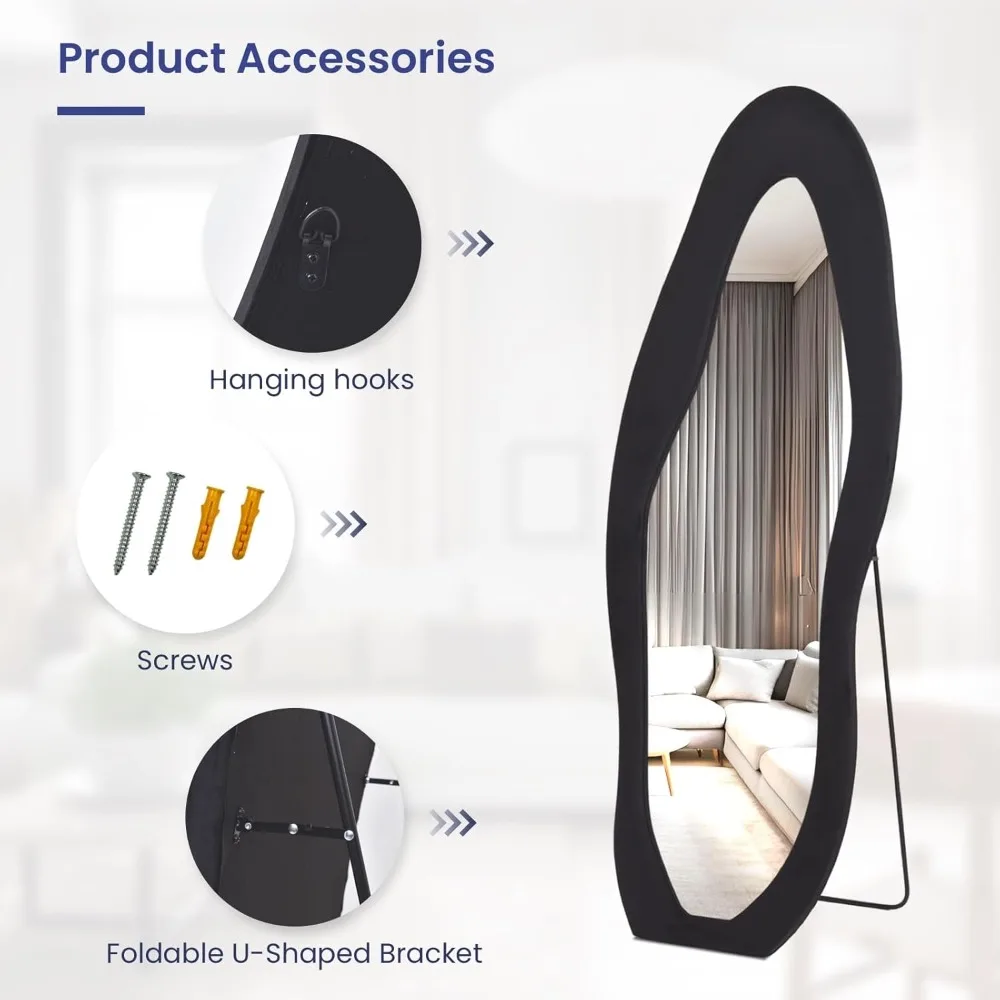 Wall Mounted Full Body Mirror 63x24 Inches, Leaning Floor Mirror with Black Flannel Frame, Irregular Shaped for Home Decor
