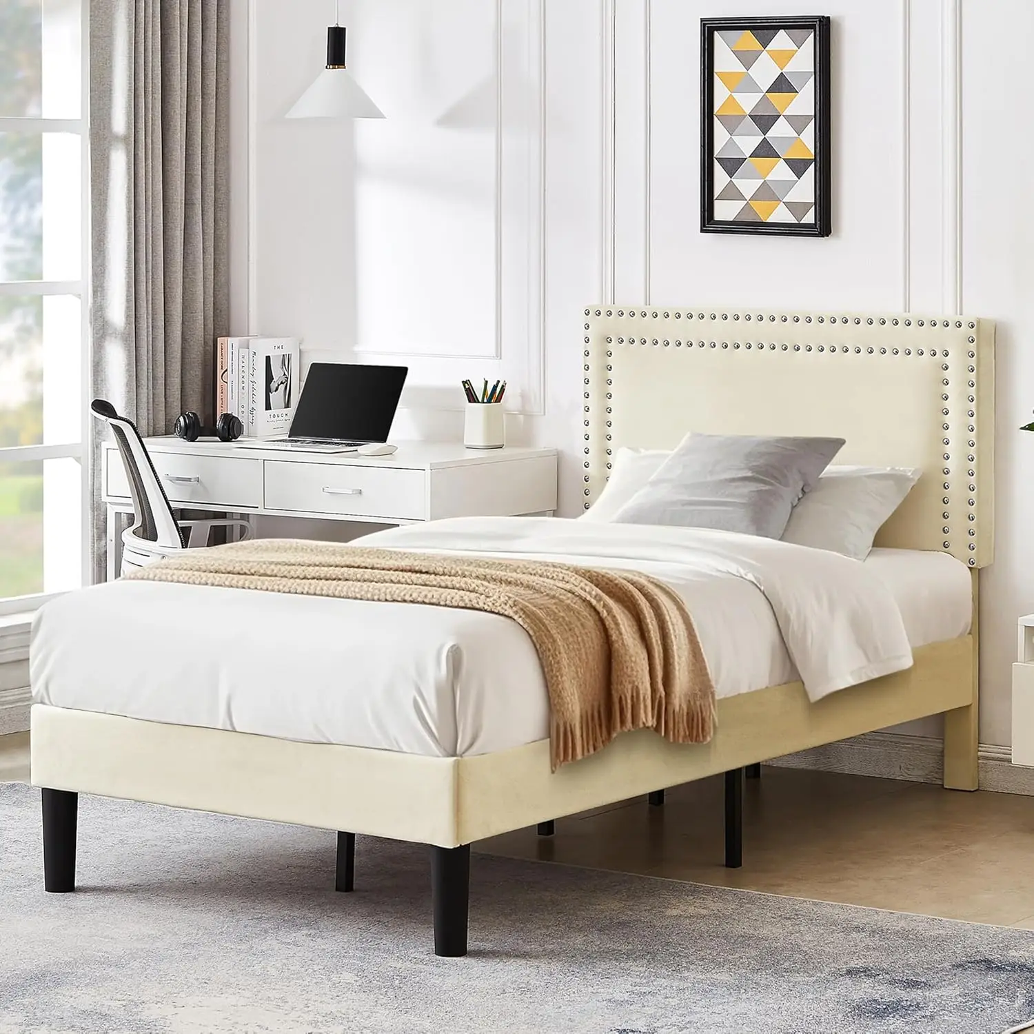 

VECELO Twin Size Platform Bed Frame with Height Adjustable Upholstered Headboard, Modern Mattress Foundation Easy Assembly