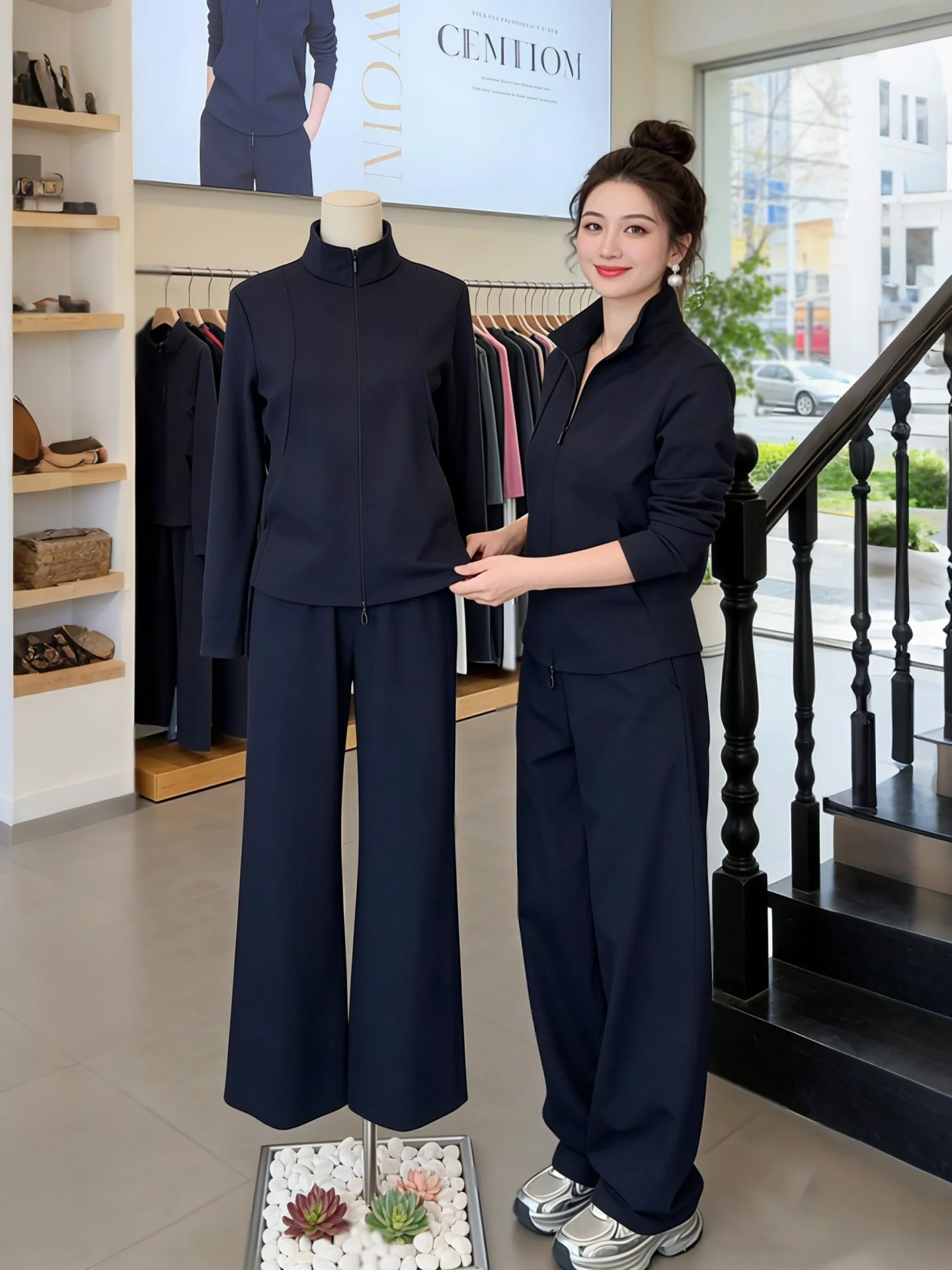 

Spring 2026 Women's Fashion Set Slimming Large Size Stand Collar Top Wide Leg Pants Long Sleeve Zipper Decorated Casual Wear