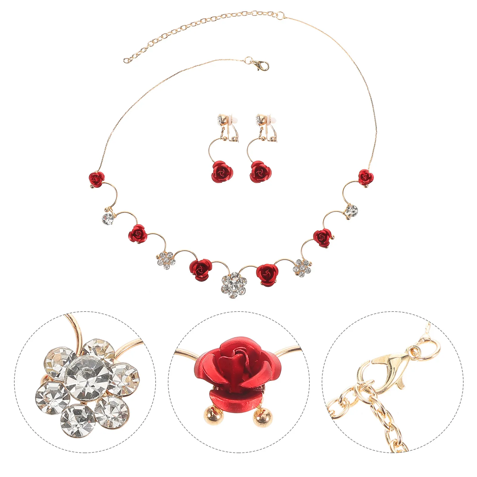 Set di gioielli per bambini Collana con fiori rossi Orecchini Lega di plastica Accessori per ragazze affascinanti per spettacoli di spettacoli