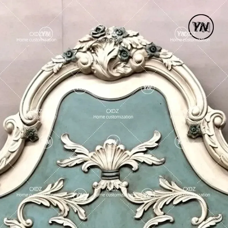 French Retro Solid Wood Double Bed Antique Green Carved Princess Bed for Master Bedroom