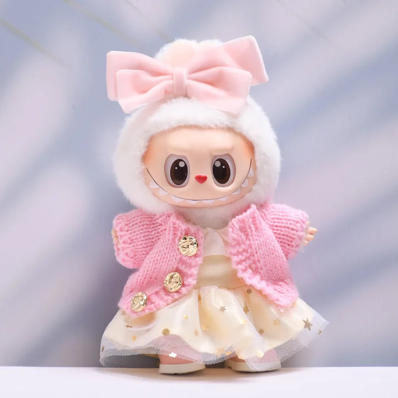 Vestiti per bambole Labubu Gonna cardigan lavorata a maglia rosa oro 17 cm Vestiti per bambole in peluche Labubu I II Idol Doll Seduta Accessori per feste