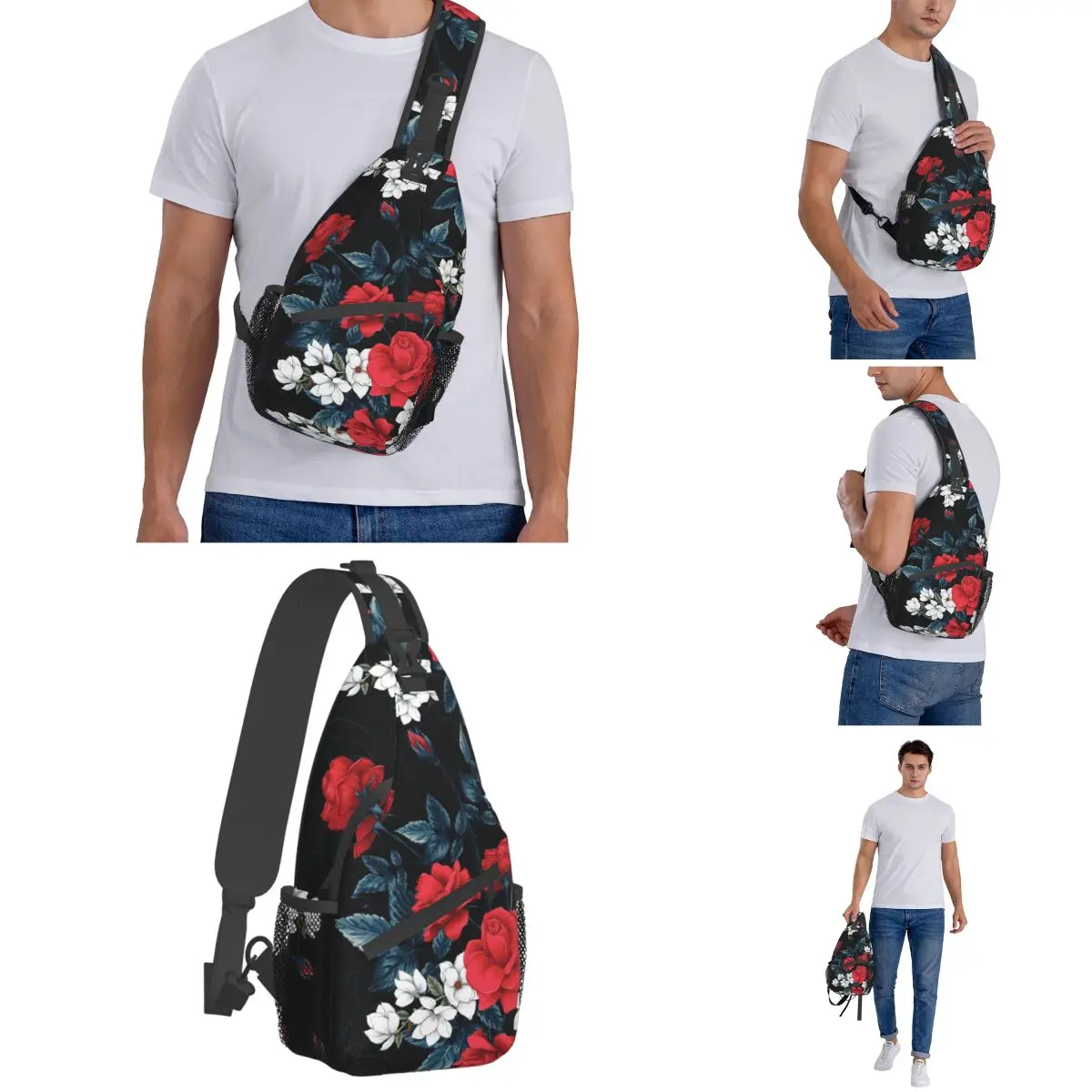 Sacs à bandoulière à fleurs roses rouges, sac de poitrine cool, sac à dos coeur floral initié, sac à dos pour la randonnée, cartable de voyage en plein air