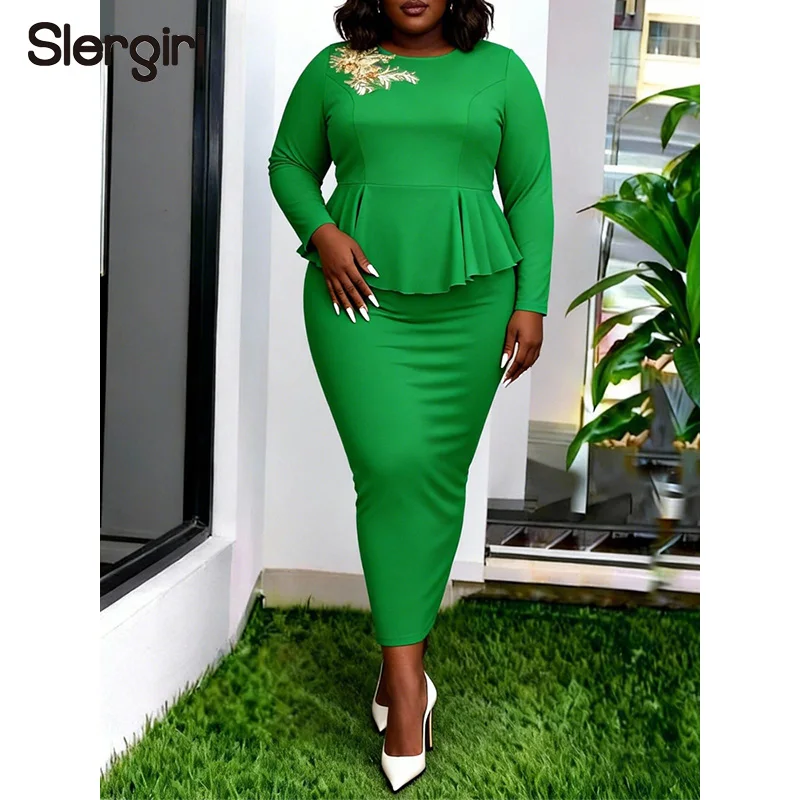 

Slergiri Plus Size Embroidery 2 In 1 Ruffle Dress Women 2026 Spring Round Neck Party Elegant Office Ladies Bodycon Long Dresses
