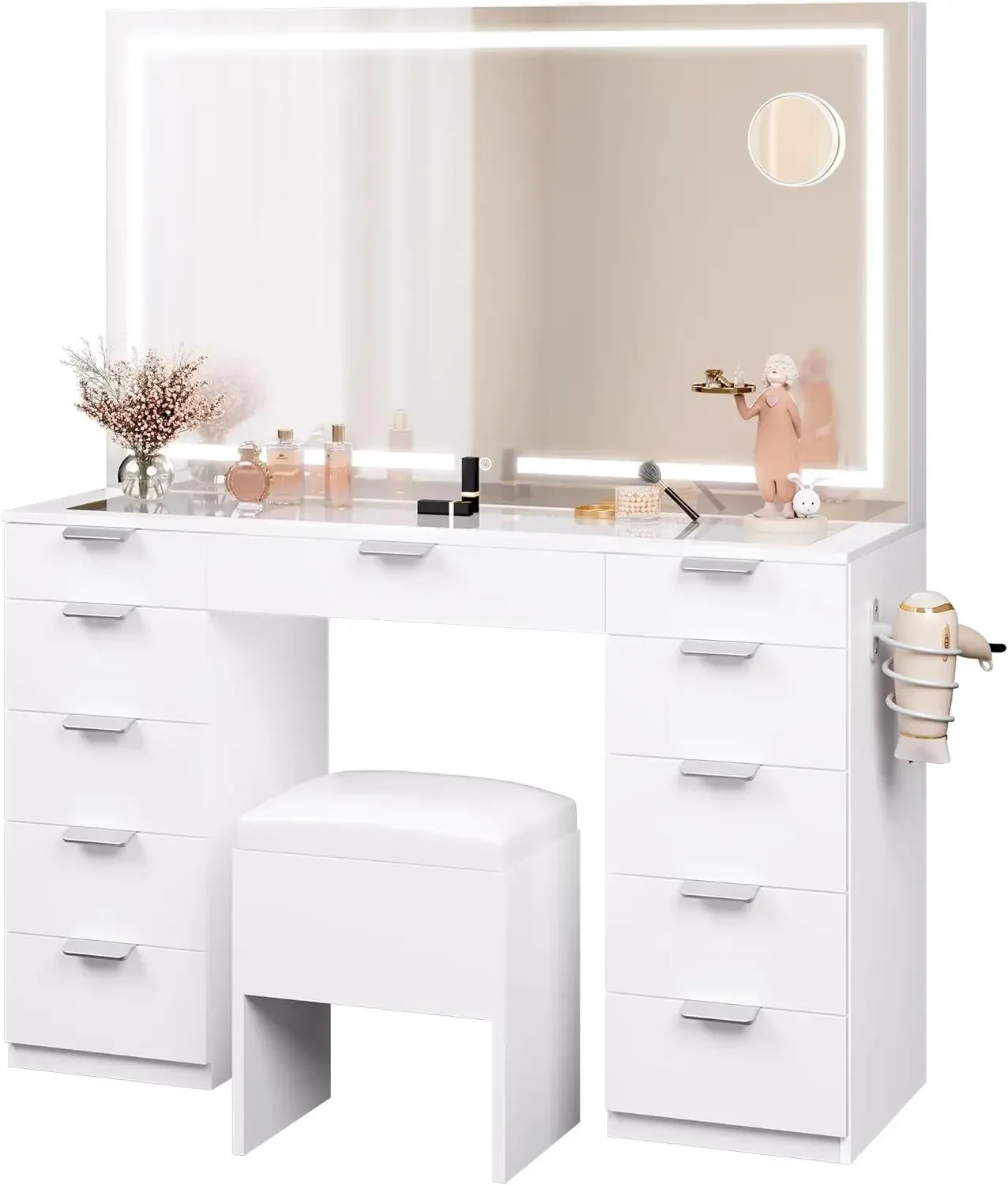A Large LED Mirror Glass Top Makeup Vanity Desk Vanity With 11 Drawers And Magnifying Glass