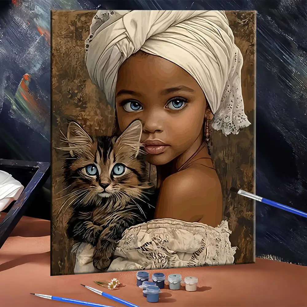 Drawing By Numbers Woman Cat DIY Painting By Numbers On Canvas Portrait Digital Oil Painting Kitten Animal Handpainted Gift
