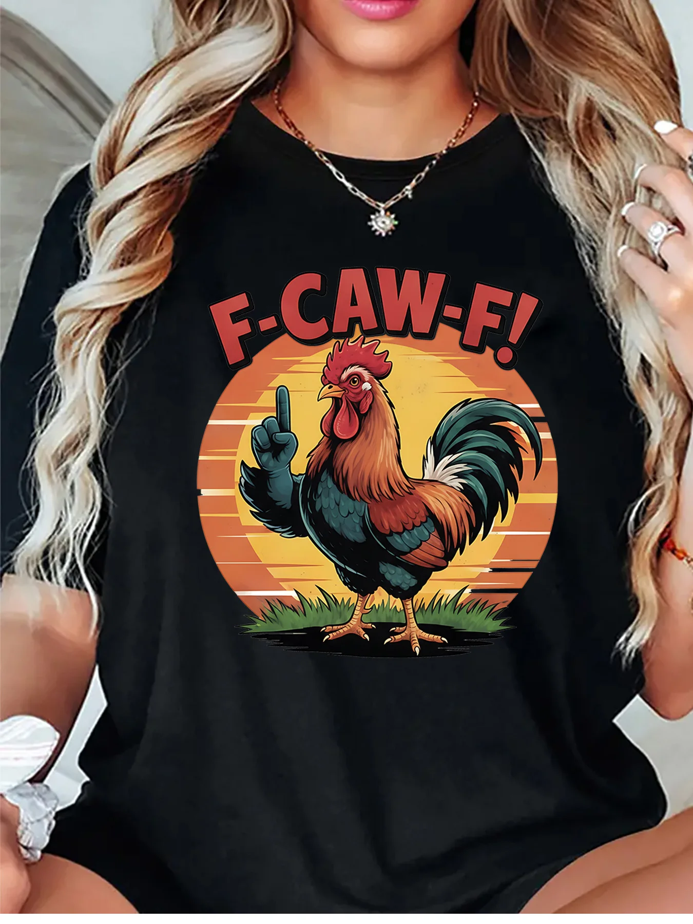 F Caw F Retro Sunset Circle Middle Finger Rooster Art Graphic Womens T Shirt Short Sleeve Crew Neck Daily Casual Ladies Tee Tops