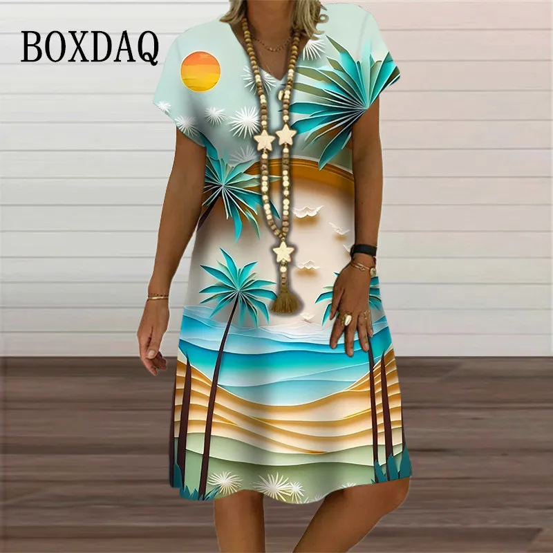 Summer Beach Cartoon Pattern Women Print Dress Fashion Elegant Ladies Short Sleeve Casual A-Line Party Dress Oversized Clothing