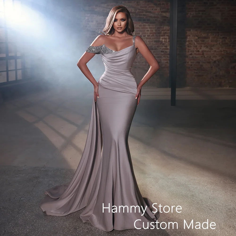 Fashion Evening Dress 2024 Custom Color V Neck Beading Stone Pleat Sweep Train Backless Robe De Soiree Mermaid Prom Gown