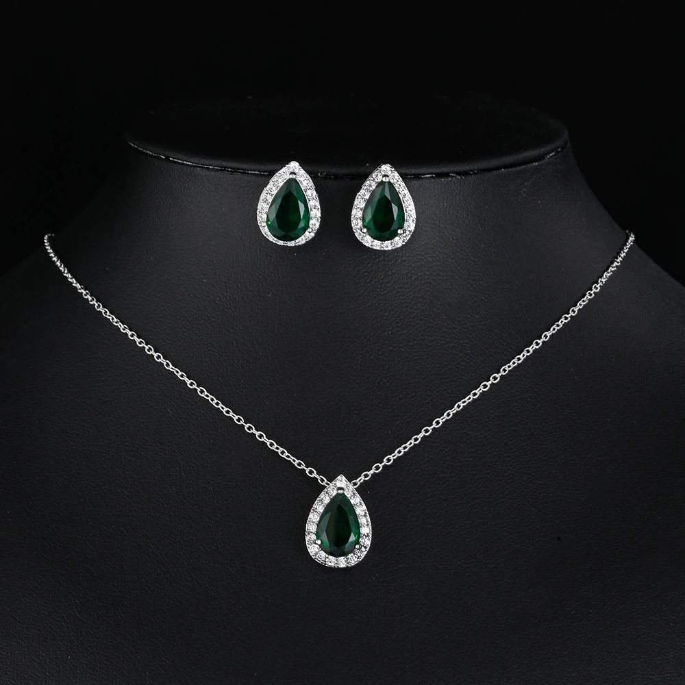 LXOEN 2023 Vintage Green Drop Water Silver Color Bride Dubai Jewelry Set Earings Necklace for Women Wedding Christmas Party Gift