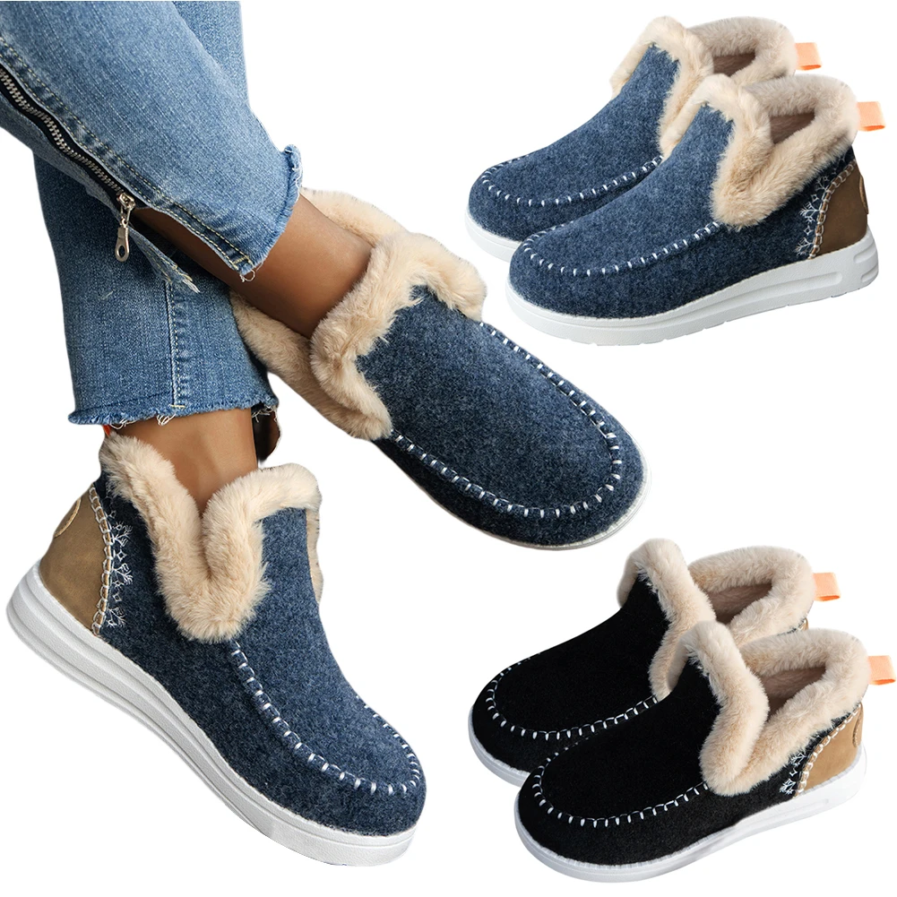 

Women Plush Shoes Slip On Booties Faux Fur Lining Flat Footwear Round Toe Fluffy Winter Slippers Non Slip for Outdoor Travel