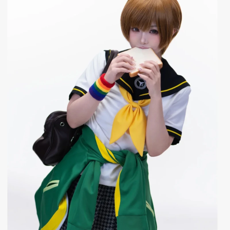 Persona 4 Chie Satonaka Cosplay Costume School Uniform Green Jacket Pleated Skirt Ribbon For Women Halloween - view 5
