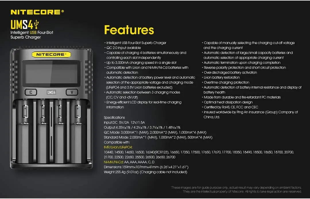 UMS4 USB-C شاحن بطارية 4 فتحات لـ Li-Ion/Ni-MH/Ni-Cd AA AAA 18650 21700 مع منظم #6
