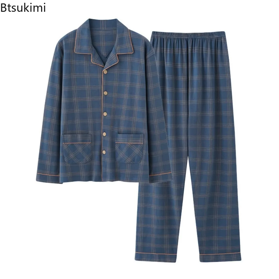Men's Pure Cotton Pajamas Set Lounge Sleepwear Plaid Pyjamas Long Sleeve Spring and Autumn Loungewear Male Homewear Home Clothes