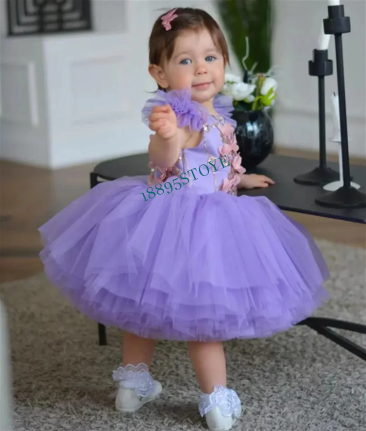 

Lavender Sequined Flower Girl Dresses 3D Appliqued Pink Flowers Princess Gown Toddler Pageant Gowns Tulle Birthday Dress