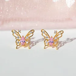New Ins Hollow Butterfly Earring For Women Cute Gold-plated Pink Zircon Butterfly Stud Earrings Fashion Aesthetic Jewelry Gift