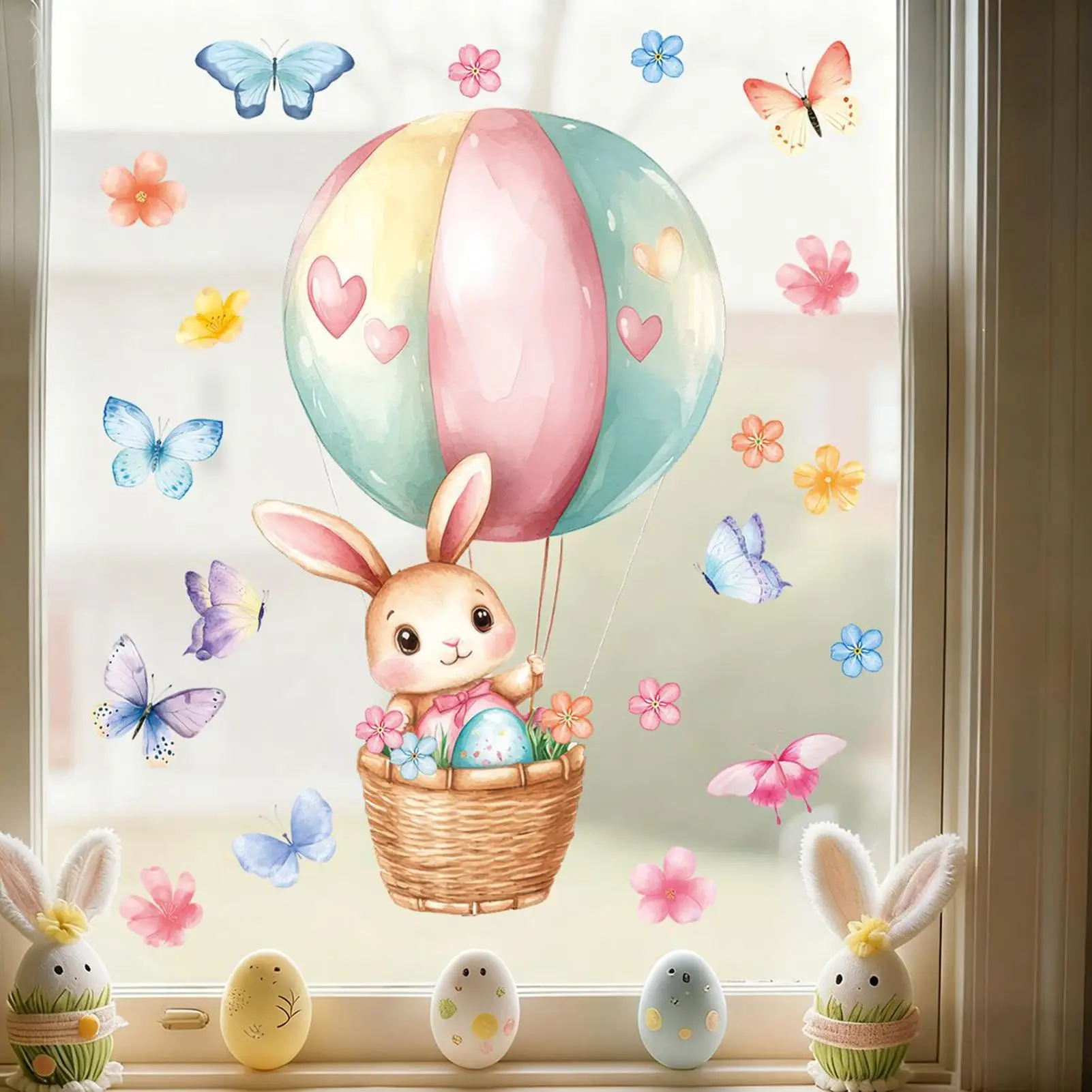 Oster-Fensteraufkleber Frühlings-Häschen Blumen Schmetterlinge Statische Aufkleber Abnehmbare Niedliche Dekorationen für Kinderzimmer Kinderkrippe Schlafzimmer Zuhause