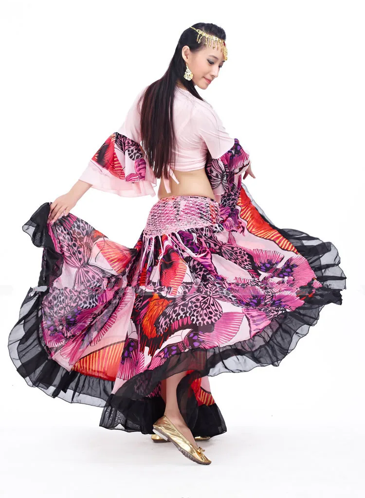 Gonna zingara stampata a fiori da 720 gradi Danza del ventre Abbigliamento tribale Costume di danza del ventre Abiti da flamenco Spettacolo teatrale spagnolo Egitto
