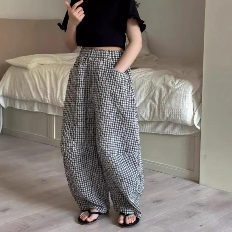 

2025 New Summer Children's Thin Cotton Black and White Checkered Mosquito Proof Wide Leg Pants