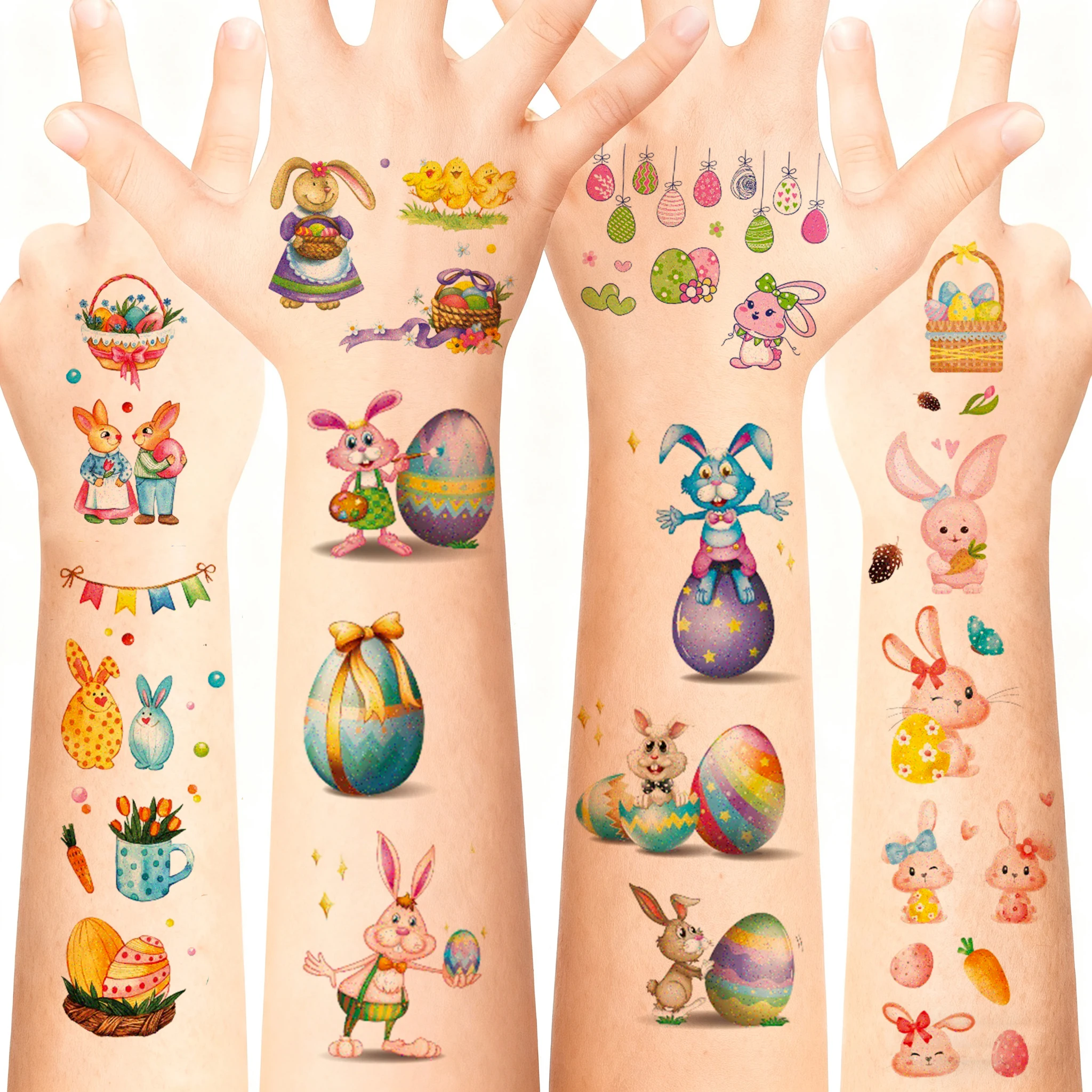 

12 шт. временных пасхальных татуировок-наклеек: блестящие розовые кролики, пасхальные яйца, цветочные корзины, пасхальные украшения, товары для вечеринок, пасхальный подарок