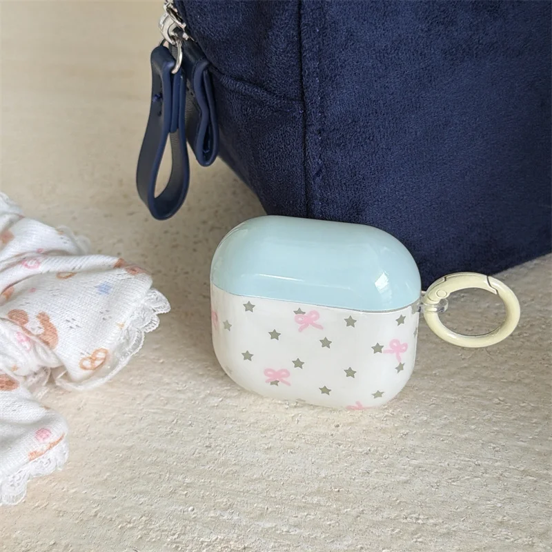 

Kawaii Star Bow AirPods Case with Keychain for 1 2 3 4 Pro Pro2 Pro3 Blue Beige Shockproof Protective Cover earphone cover