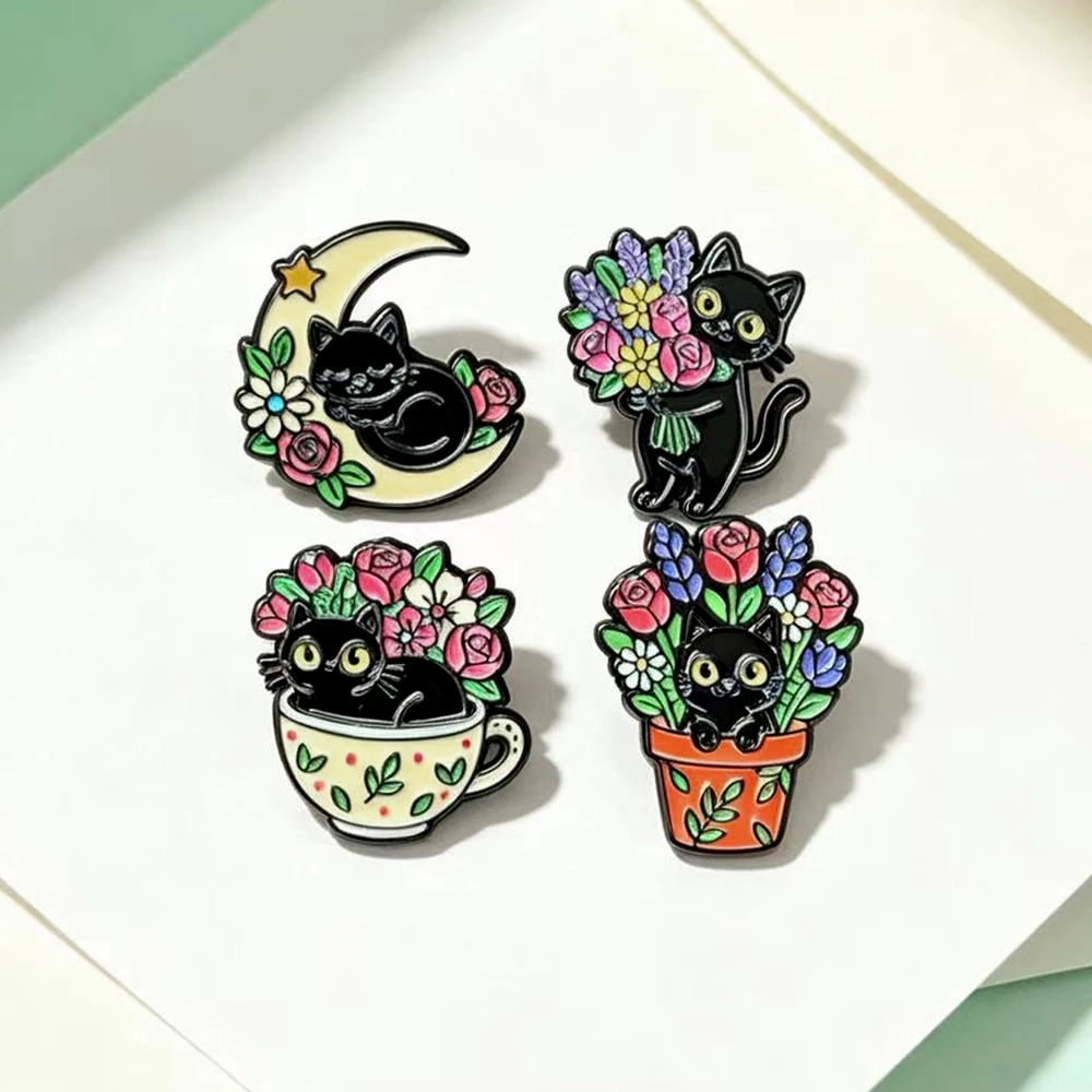 Whimsy Gothic Floral Black Cat Enamel Brooches Cute Cat & Flower Themed Lapel Badges Unique Playful Accessory Kitty Pins