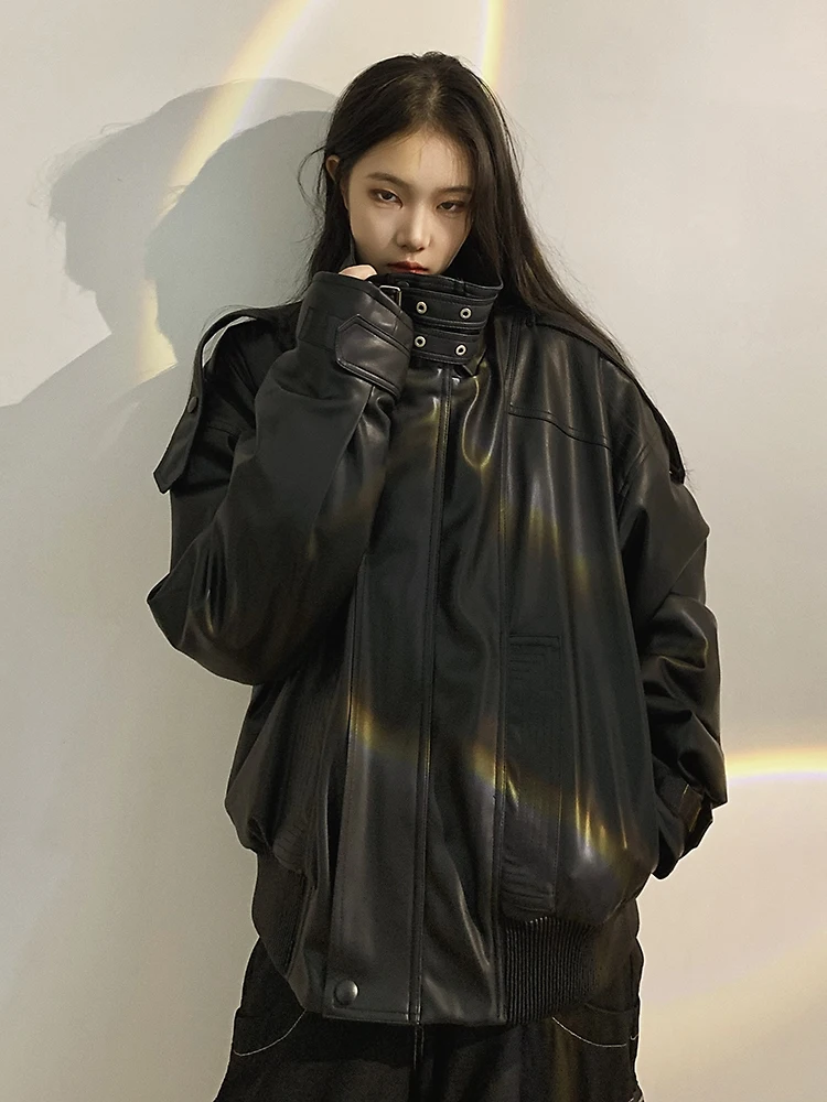 Big Biu Studio Damen Retro Amerikanische Motorradjacke Coole Haome Neutrale Sportjacke für Herbst Winter PU-Leder