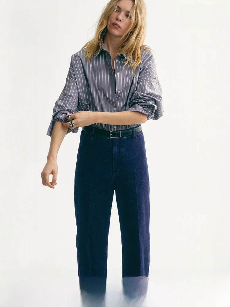 

Женские джинсы H&M прямого кроя с высокой талией, повседневный стиль, из смесового хлопка, эластичные, классический эстетичный дизайн