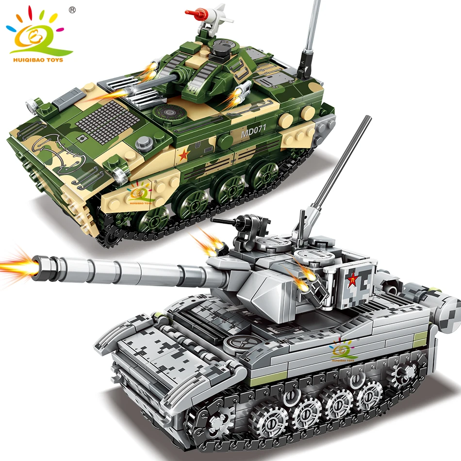 HUIQIBAO Military Battle Tank Building Blocks WW2 Army Bricks Set with 2 Soldier Figures City Construction Toy for Children Boy