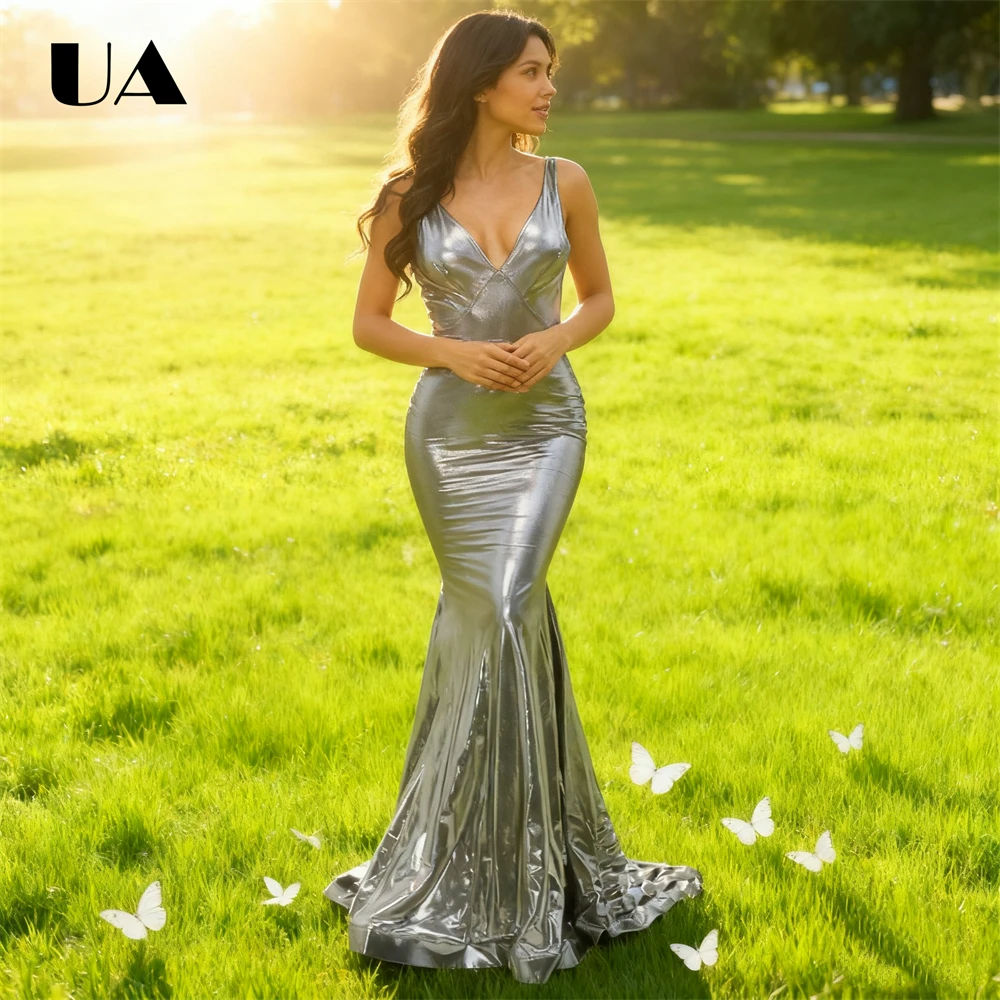فستان حفلة موسيقية فضي معدني أشرطة سباغيتي فساتين سهرة طويلة للنساء، فستان حفلات غمد عميق على شكل حرف V مقاس مخصص #1