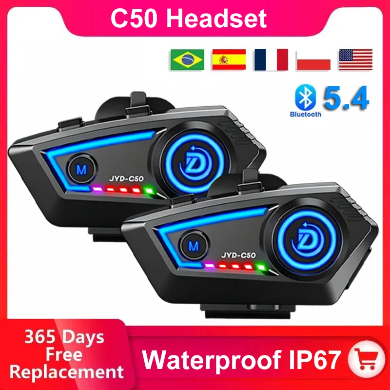 

Беспроводная Bluetooth 5.4 гарнитура для мотоциклетного шлема с функцией громкой связи, водонепроницаемая, с защитой от помех и подсветкой